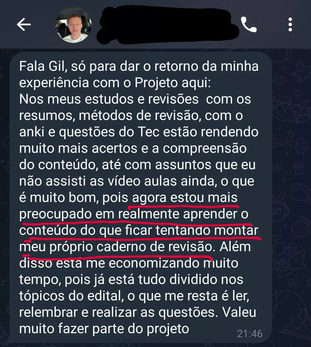Depoimento sobre aprender o conteúdo de verdade