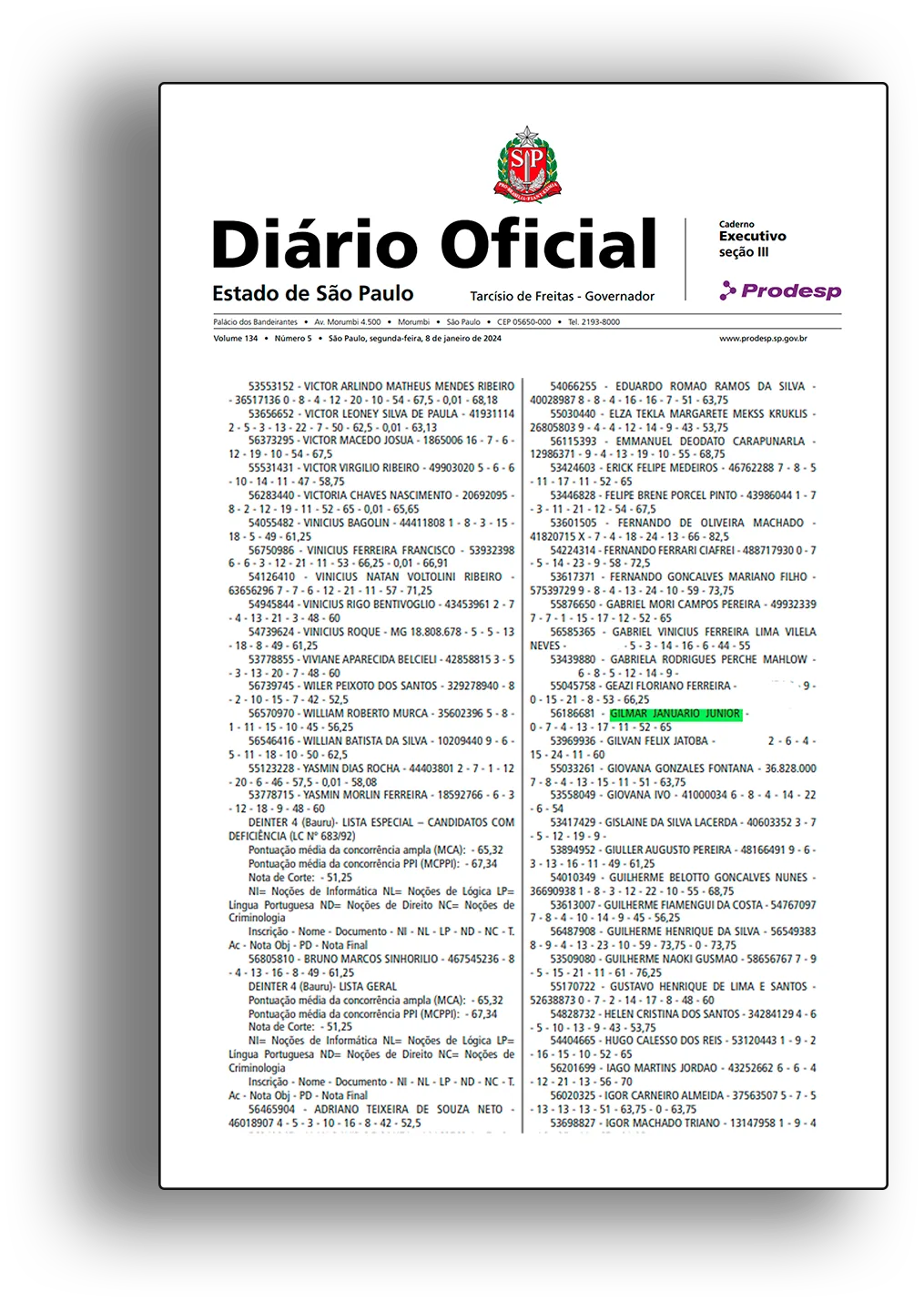 Nome do Gil publicado no Diário Oficial