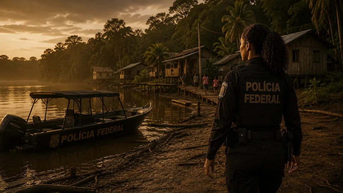 Policial federal caminhando em comunidade ribeirinha na Amazônia com lancha da PF