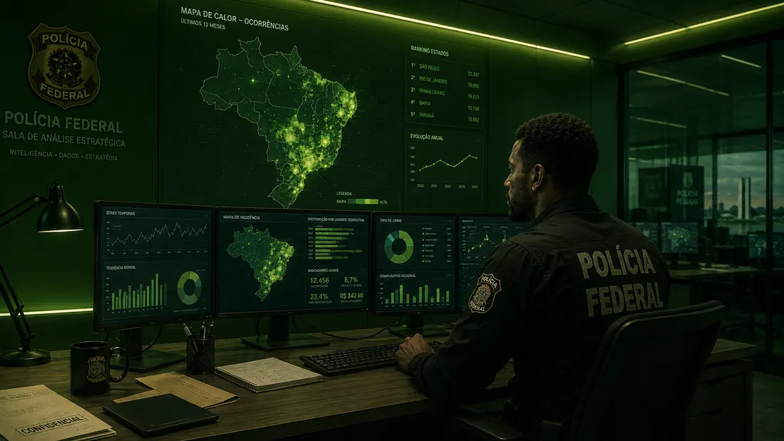 Policial federal em sala de análise estratégica com mapa de calor do Brasil