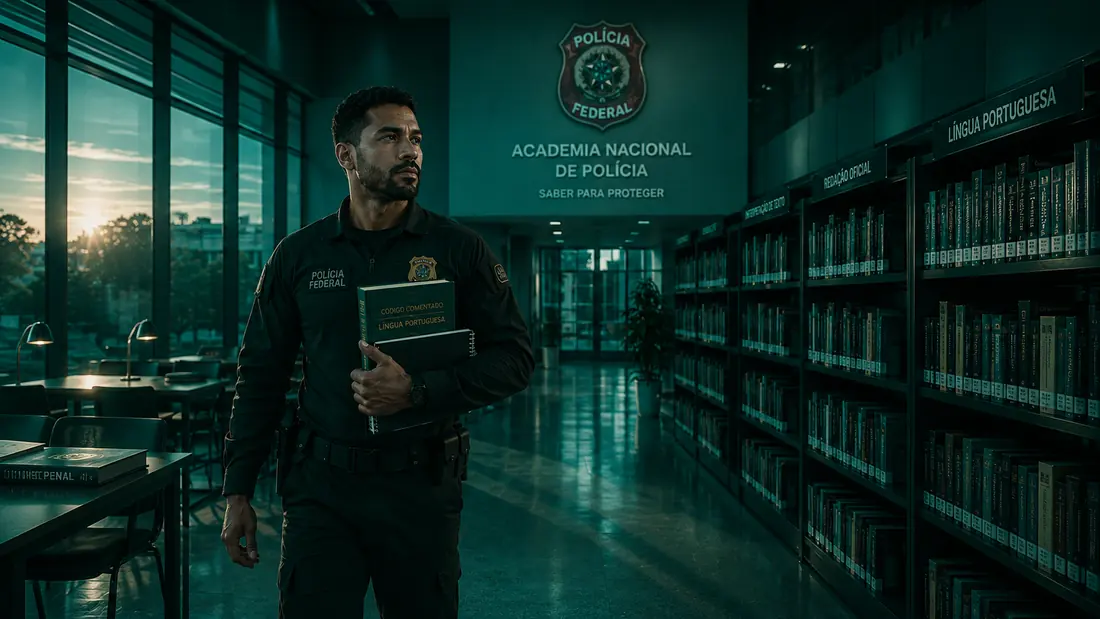 Policial federal na biblioteca da Academia Nacional de Polícia