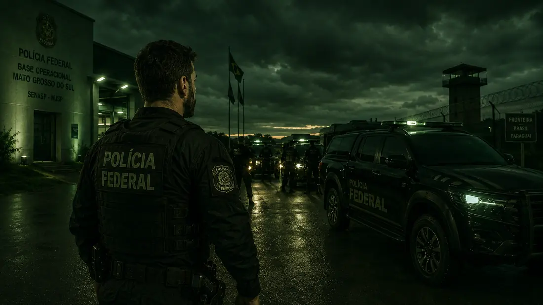 Policial federal em base operacional no Mato Grosso do Sul com viaturas