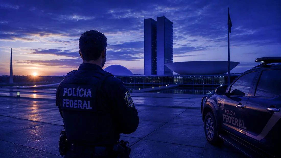 Policial federal ao amanhecer diante do Congresso Nacional em Brasília