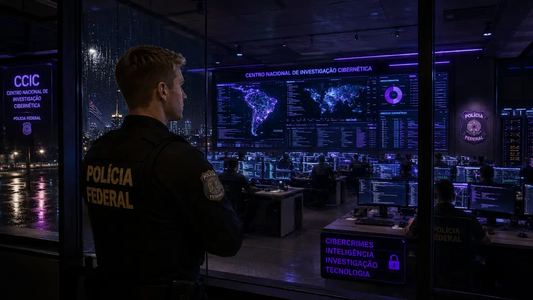 Policial federal observando centro de investigação cibernética