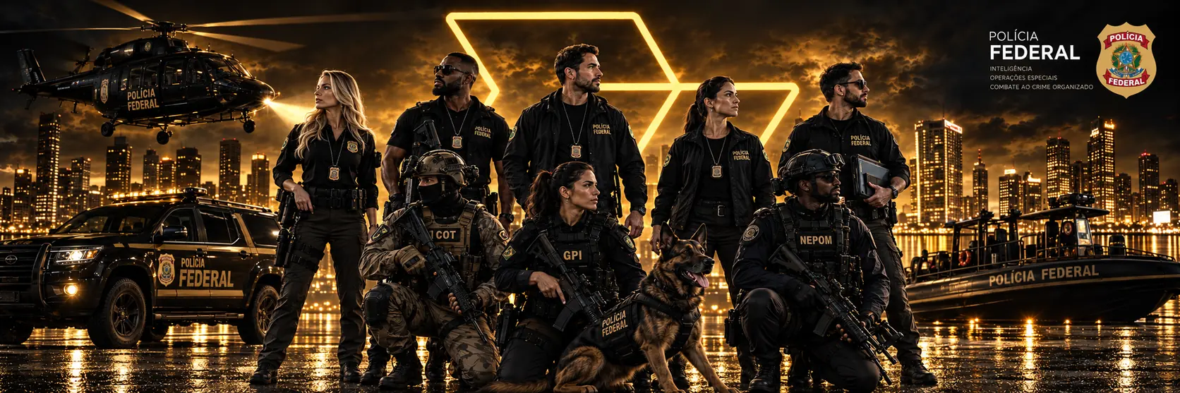 Equipe de policiais federais com viatura, helicóptero, lancha e cão de faro