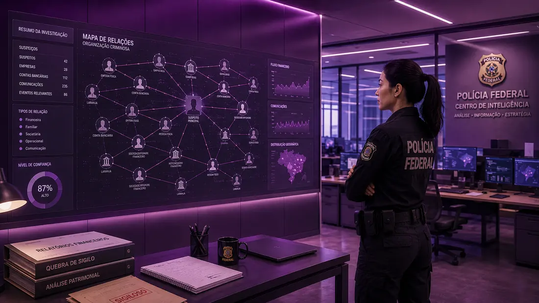 Policial federal analisando mapa de relações de uma investigação