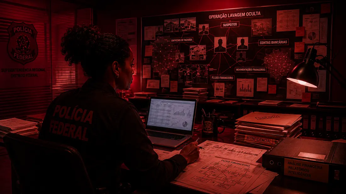 Policial federal analisando fluxo financeiro em sala de investigação