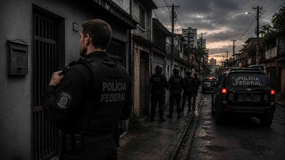 Policial federal com equipe tática durante cumprimento de mandado em rua