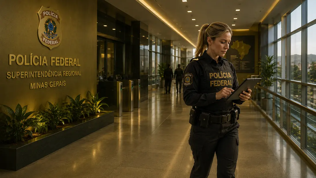 Policial federal com tablet no corredor da Superintendência Regional em Minas Gerais