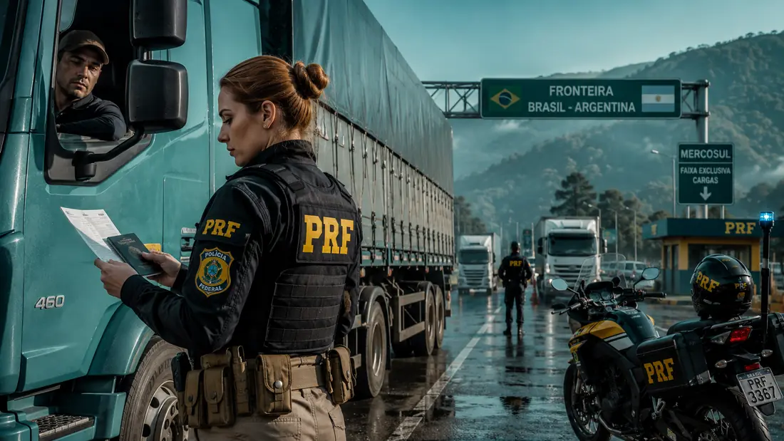 Policial rodoviária federal conferindo documentos de caminhoneiro em posto de fronteira