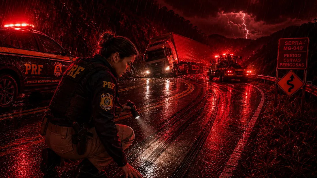 Policial rodoviária federal analisando marcas de frenagem na pista durante atendimento a acidente noturno